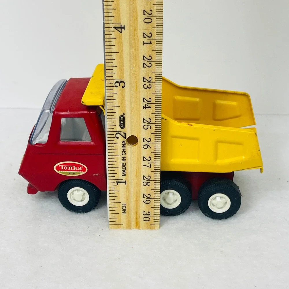 Vintage Tonka USA Red and Yellow Diecast Metal Mini Dump Truck Construction Toy